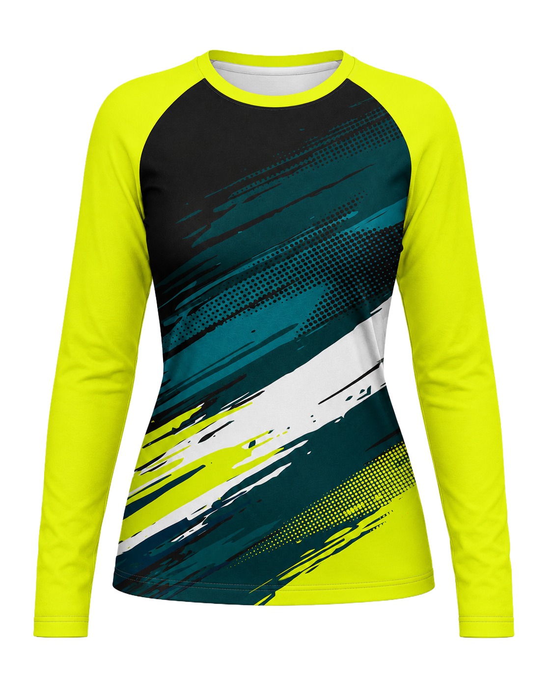 Dye Sub Ladies Crew Neck T-shirt, Raglan Long Sleeve, Reverse Birdseye