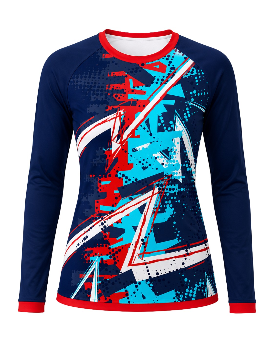 Dye Sub Ladies Ringer Crew Neck T-shirt, Raglan Long Sleeve, Reverse Birdseye