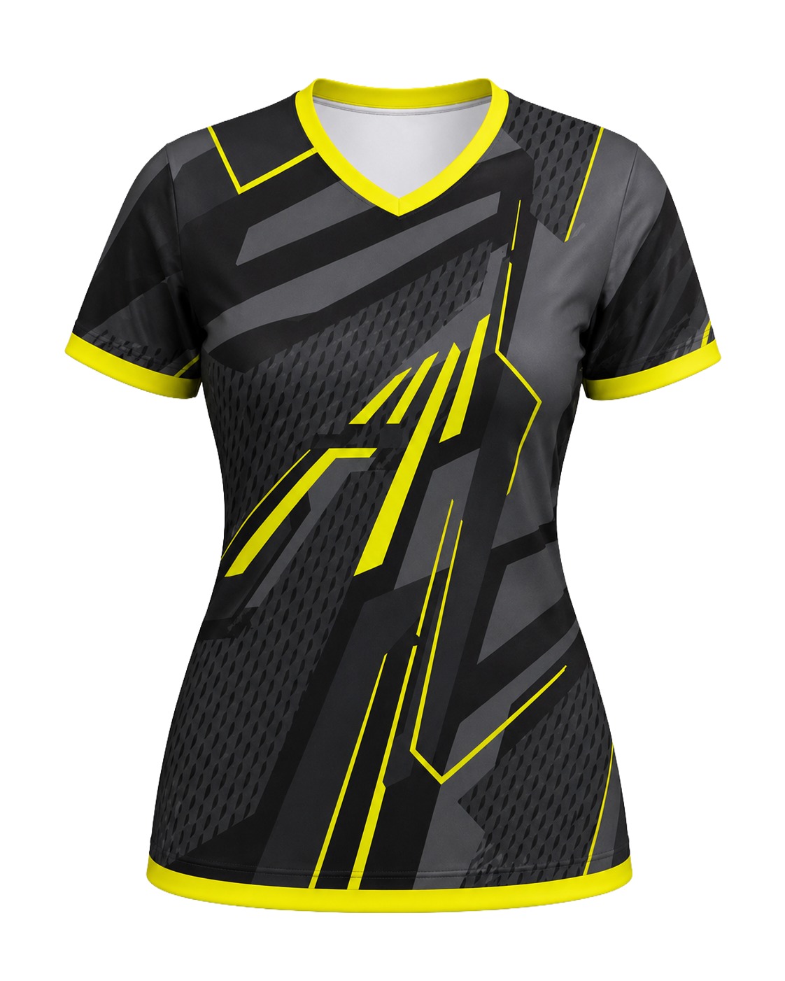 Dye Sub Ladies Ringer V-Neck T-shirt, Fitted Short Sleeve, Birdseye