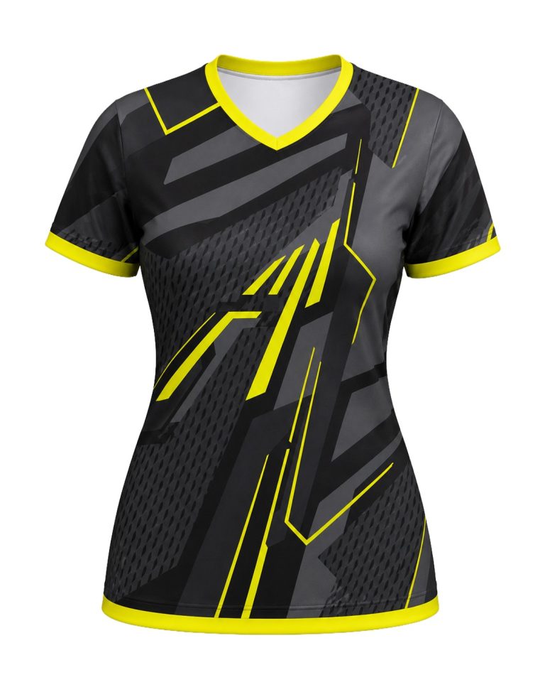 Dye Sub Ladies Ringer V-Neck T-shirt, Fitted Short Sleeve, Reverse Birdseye