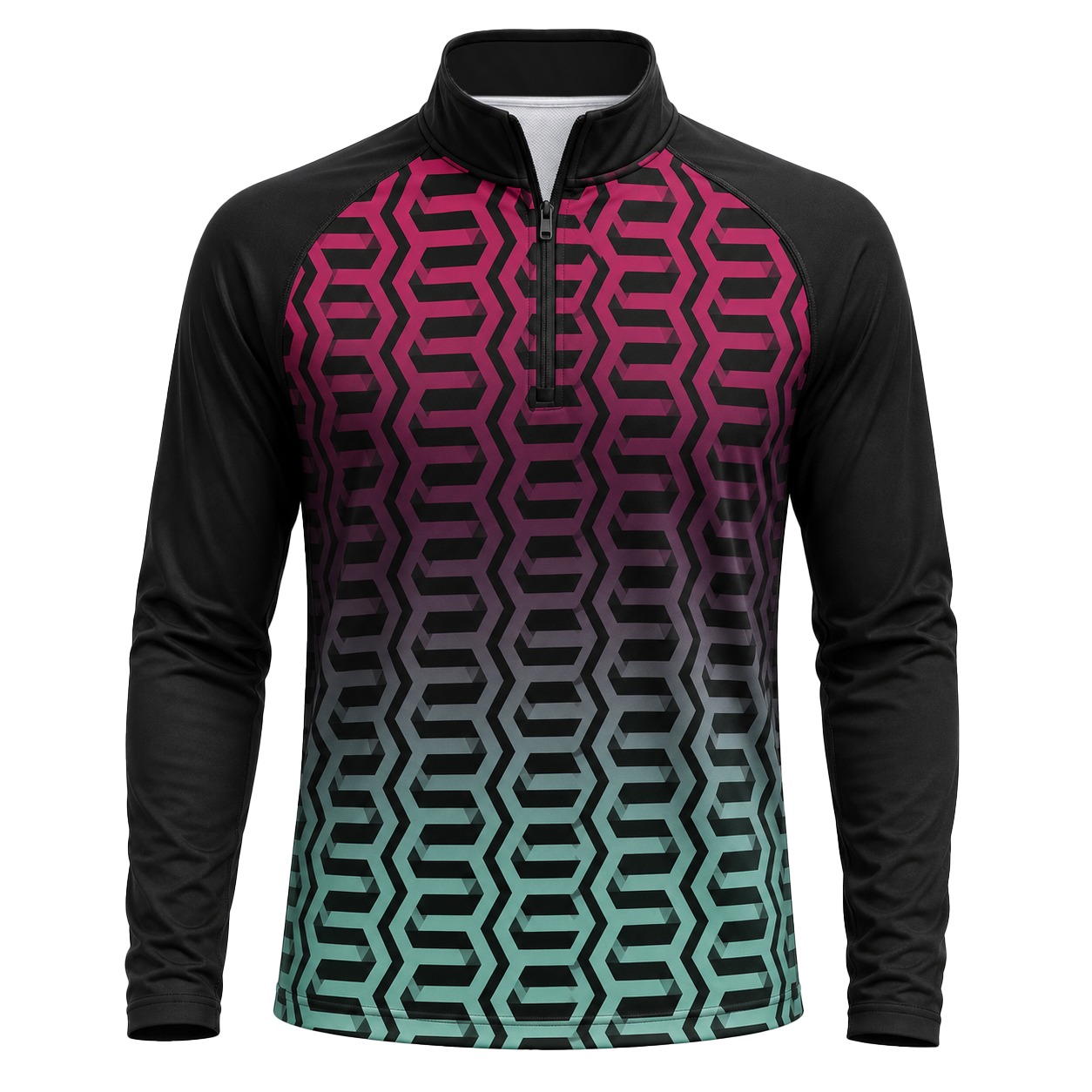 Dye Sub Men's Mandarin Collar 1/4 Zip Shirt, Raglan Long Sleeve, Drop Needle