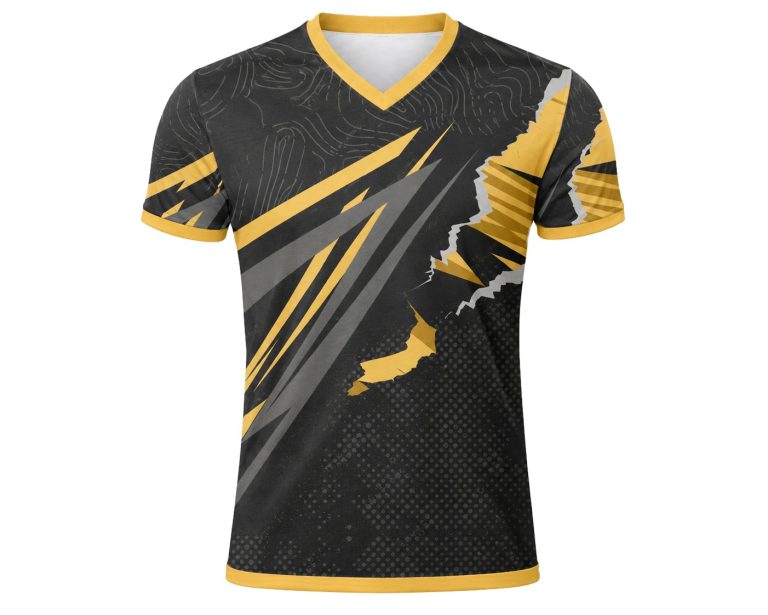 Dye Sub Men's Ringer V-Neck T-shirt, Fitted Short Sleeve, Reverse Birdseye